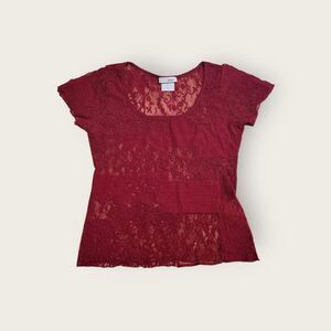 Vintage Y2k Hennies red sheer lace slightly cropped flutter sleeve Euro shirt